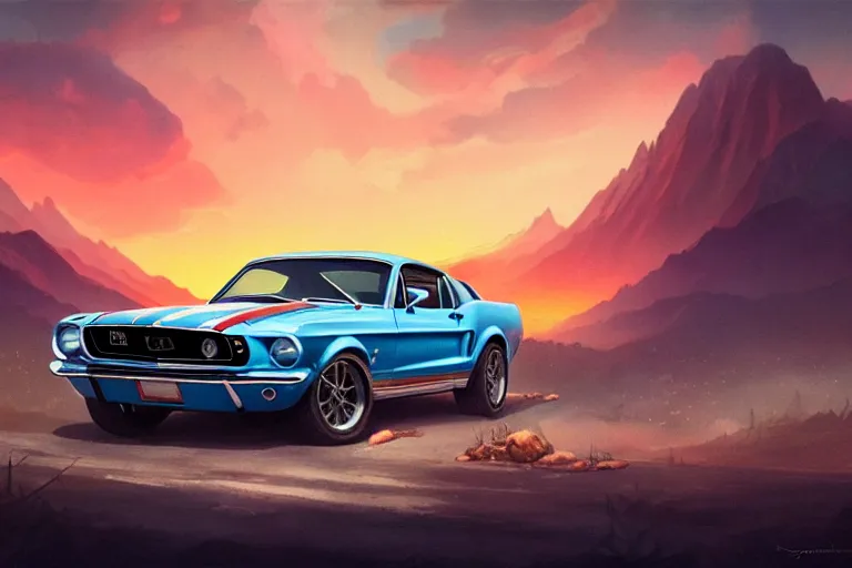 Prompt: a 1 9 6 8 mustang driving down a long country road, coriolios rpg art style, full of details, warm sunset colors, matte painting, artstation, 8 k, hyperrealistic, style of peter mohrbacher, album cover, extreme long shot, mountains