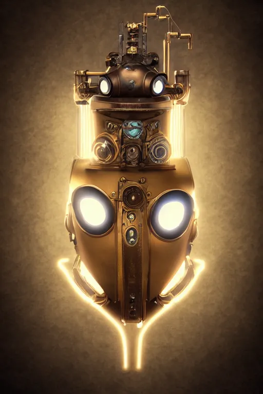 Image similar to steampunk mask minimalist fantasy art robot ninja helmet, global illumination ray tracing hdr fanart arstation by sung choi and eric pfeiffer and gabriel garza and casper konefal radiating a glowing aura