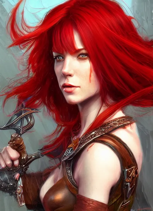 Image similar to red hair female, ultra detailed fantasy, dndbeyond, bright, colourful, realistic, dnd character portrait, full body, pathfinder, pinterest, art by ralph horsley, dnd, rpg, lotr game design fanart by concept art, behance hd, artstation, deviantart, hdr render in unreal engine 5