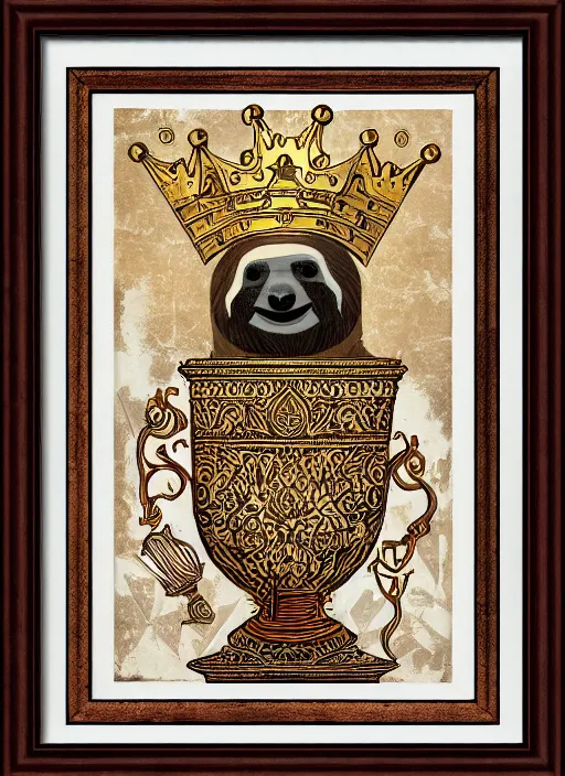 Image similar to sloth as the king of cups, copper cup, coper crown, poster framed, intricate details, medieval art style, high contrast, posterized