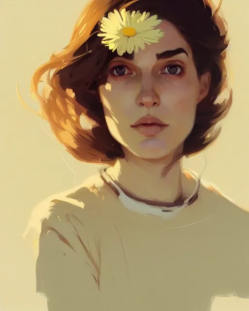 Image similar to cottagecore hyper - realistic portrait of a woman, persian daisy, by atey ghailan, by greg rutkowski, by greg tocchini, by james gilleard, by joe fenton, by kaethe butcher, dynamic lighting, gradient light yellow, brown, blonde cream and white color scheme, grunge aesthetic