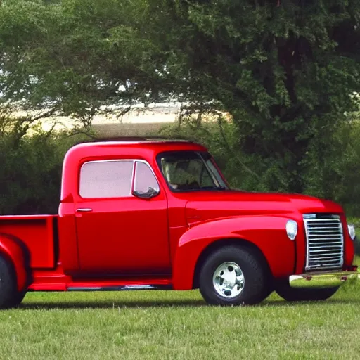 Image similar to a red truck with pokey dots all over it, chrome red