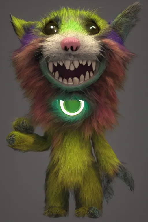 Prompt: 3 d model of adorable evil furry monster with glowing eyes by alexander jansson : 1 | centered, rainbow colored fur, matte background : 0. 9 | by jim henson : 0. 7 | dave melvin : 0. 4 | unreal engine, deviantart, artstation, octane, finalrender, concept art, hd, 8 k resolution : 0. 8