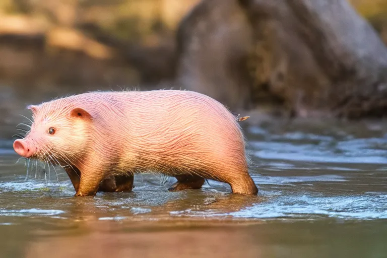 Image similar to a pig otter!!! hybrid! hyper realistic!! realistic lighting!! wildlife photographer of the year!!! bold natural colors, national geographic, hd, wide angle, 8 k