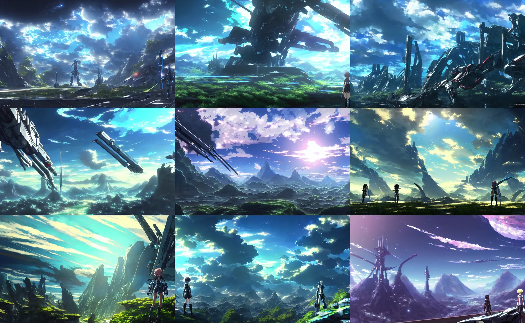 Prompt: an anime movie background matte painting of the world of xenoblade chronicles x, fantasy, sci - fi, by makoto shinkai and monolith, trending on artstation, highly detailed