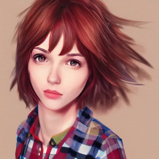 Prompt: a selfie of max caulfield wearing a red plaid flannel shirt, fantasy, intricate, young and cute, highly detailed, digital painting, artstation, concept art, smooth, sharp focus, illustration, unreal engine, life is strange, Edouard Caplain