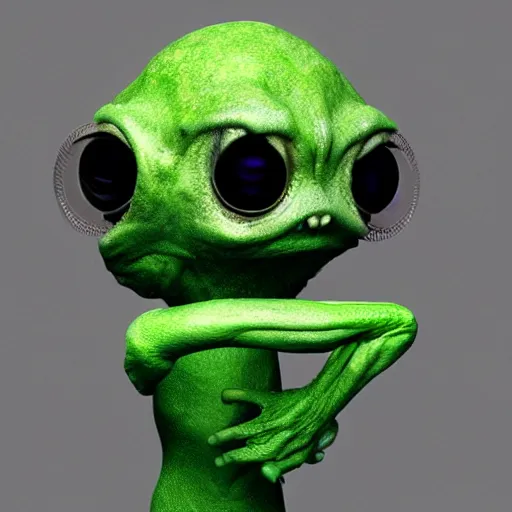 Image similar to an alien with big eyes and a green body, a computer rendering by David Firth, cgsociety, neo-figurative, polycount, zbrush, rendered in maya