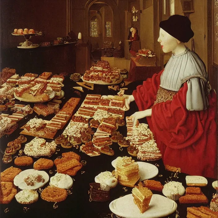 Image similar to a woman eating hundreds of cakes, by Jan van Eyck