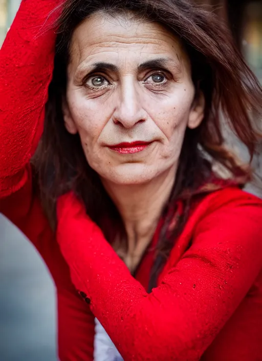 Image similar to close up portrait of beautiful 40-years-old Italian woman, wearing a red outfit, well-groomed model, candid street portrait in the style of Martin Schoeller award winning, Sony a7R