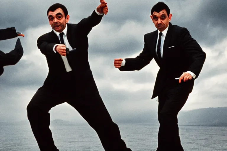 Image similar to mr bean from 1 9 9 0 s as james bond in an action scene fighting a villain, professional photography, 8 k, cinematic