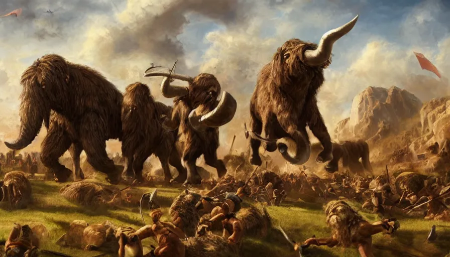 Prompt: wide scene of cavemen riding wooly mammoths into battle, academic style painting, full resolution