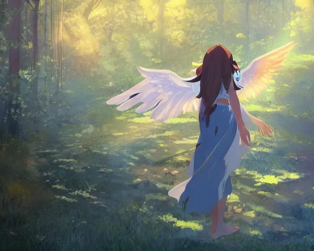 Image similar to a girl with two wings on her back in a forest. She has TWO wings on her back!!! Angel! Two blue wings!!By Makoto Shinkai, trending on ArtStation, digital art.