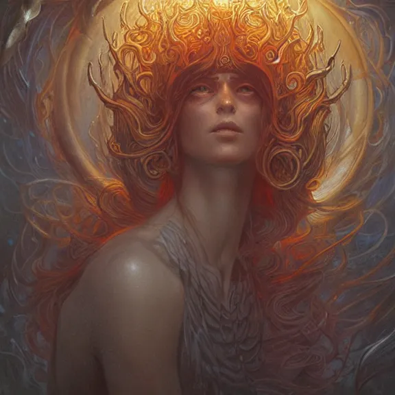 Image similar to a highly detailed portrait in the style of jean delville and in the style of peter mohrbacher. glowing rune of magical power.