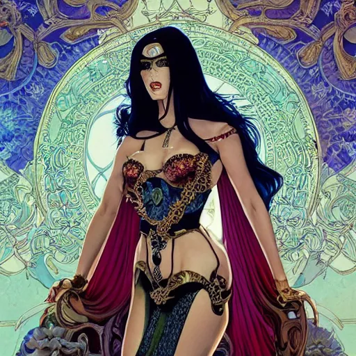 Prompt: portrait of megan fox wearing venetian mask and clothes, symmetrical, by yoichi hatakenaka, masamune shirow, moebius and dan mumford, ayami kojima, takato yamamoto, barclay shaw, karol bak, yukito kishiro, mucha