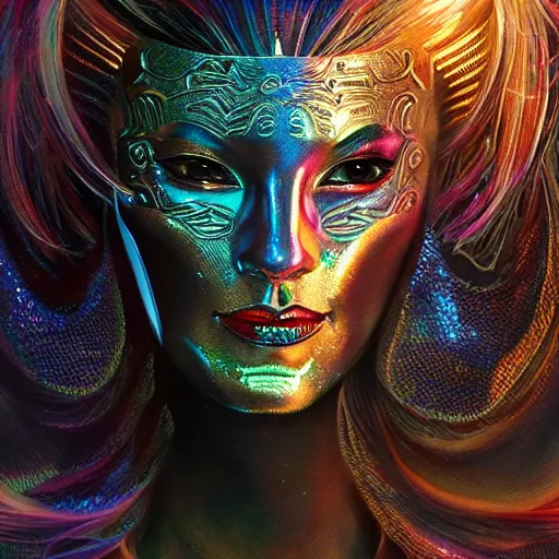 Image similar to Very very very very highly detailed epic photo of holographic face with demonic venetian mask, intricate, dystopian, sci-fi, extremely detailed, digital painting, artstation, concept art, smooth, sharp focus, illustration, intimidating lighting, incredible art by Artgerm and Vincent di Fate