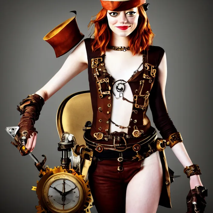 Image similar to full body photograph of emma stone as a steampunk pirate. Extremely detailed. 8k