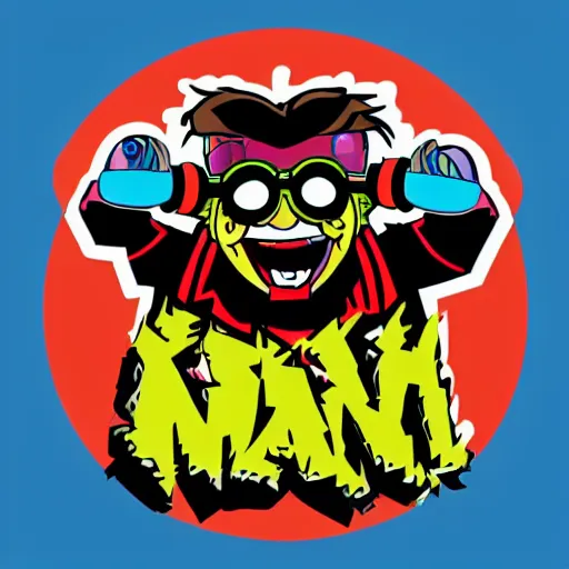 Image similar to svg vector sticker of absolutely insane-mad-scientist-villain, rocking out, wearing headphones, huge speakers, dancing, rave, DJ, spinning records, digital art, amazing composition, rule-of-thirds, award-winning, trending on artstation, featured on deviantart