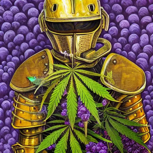 Prompt: a high detailed oil painting of a full armored knight smoking a joint in a field of purple cannabis plants