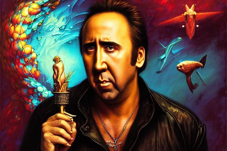 Prompt: nicolas cage in “ miami vice ” artwork, 4 k digital art, neon, 8 0's style tomasz alen kopera, peter mohrbacher, donato giancola, ilya repin, drew struzan