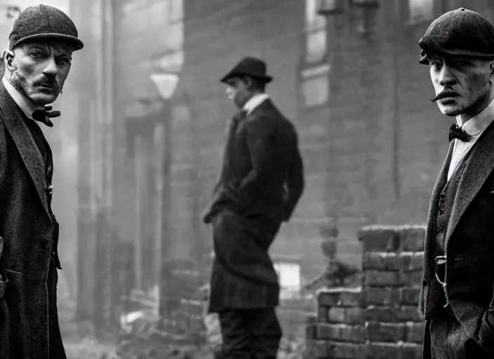 Image similar to an action scene from peaky blinders, medium long shot, tom hardy, sharp eyes, serious expressions, detailed and symmetric faces, black and white, cinematic, epic,