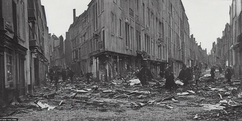 Prompt: a colour night photo of the street of saint - malo after being bombed with pocket of fire in 1 9 4 5