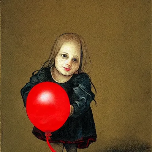 Prompt: fantasy painting of a little girl holding a red balloon by judson huss and henriette grindat and albrecht durer | horror themed | creepy