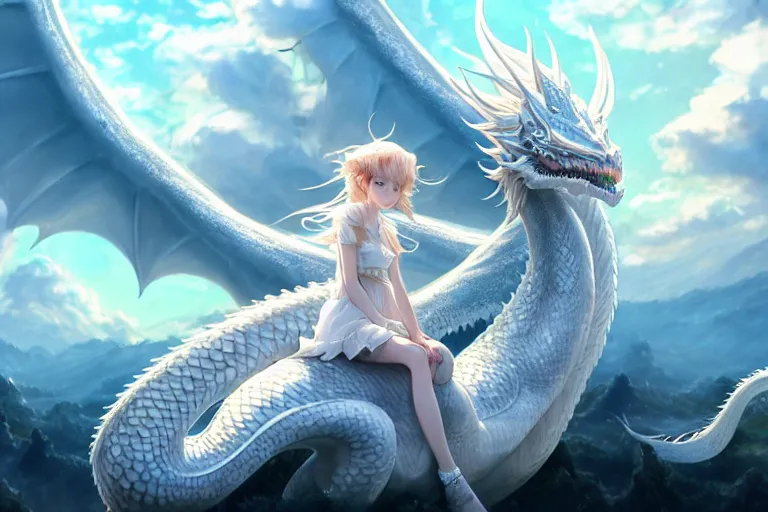 Image similar to the beautiful hyper detailed big scene render that a beautiful girl sitting on the back of a huge silver white dragon alone in fairyland surrounded by white clouds, finely detailed angelic face delicate features, style of studio ghibli, makoto shinkai, artgerm, karol bak, kazuki tanahashi, james jean, ross tran, xision, ultra wide angle