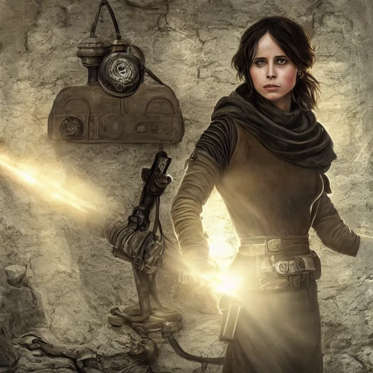 Image similar to portrait of jyn erso as a beautiful medieval maiden in a stone courtyard holding a rotary telephone, confident pose, coherent, insane detail, concept art, character concept, cinematic lighting, global illumination radiating a glowing aura