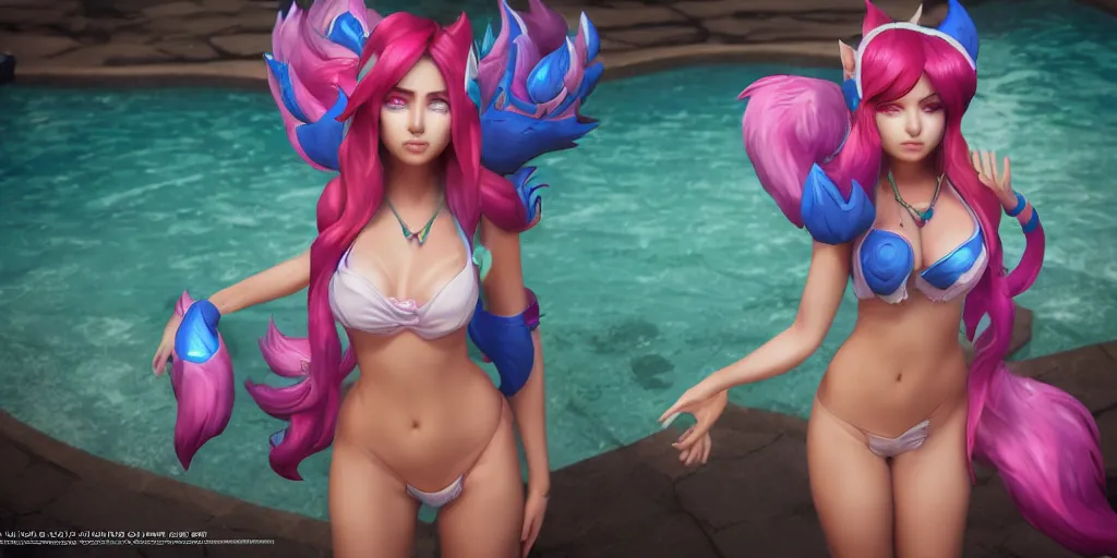 Image similar to beautiful character sheet render of pool party Ahri (wild rift). 3d, octane render, realistic, highly detailed, trending on artstation