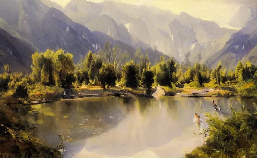 Prompt: oil painting lanscape by anders zorn, nature, fruit trees, very very very very beautiful art, dramatic light, water reflections, tall rocky mountains, police making arrests, detaining people, cop cars, sirens