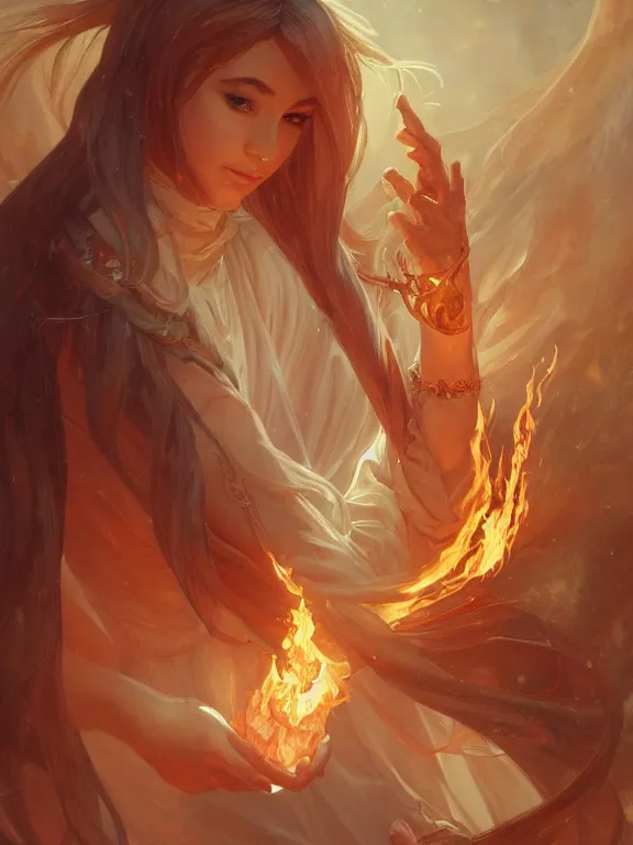 Image similar to young summoner with a fire elemental, fantasy, female, thick robes, intricate, elegant, highly detailed, digital painting, artstation, concept art, wallpaper, smooth, sharp focus, illustration, art by artgerm and greg rutkowski and alphonse mucha