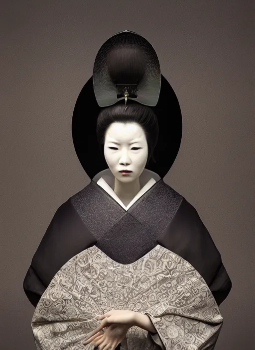 Image similar to portrait of a melancholic geisha, parallax, studio portrait against a black background, modern fine art, fractal, intricate, elegant, highly detailed, digital photography, subsurface scattering, by jheronimus bosch and yue minjun and greg rutkowski,