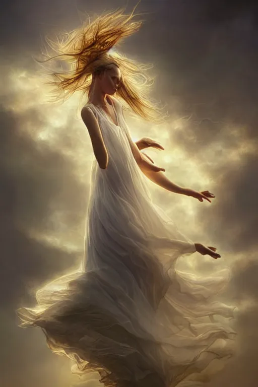 Image similar to beautiful woman dancing in the wind, beautiful face, ethereal, gorgeous, volumetric lighting, elegant, fluid, highly detailed, digital painting, concept art, highly detailed, smooth, illustration, limited color palette, atmosphere and tension, art by greg olsen and liz lemon swindle