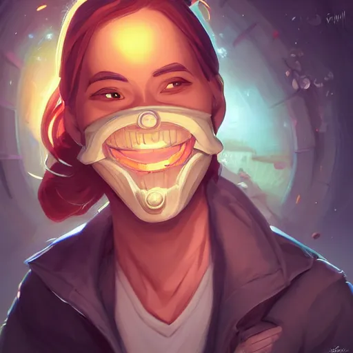 Image similar to a portrait of the happy mask salesman, art by lois van baarle and loish and ross tran and rossdraws and sam yang and samdoesarts and artgerm and saruei and disney, digital art, highly detailed, intricate, sharp focus, trending on artstation hq, deviantart, unreal engine 5, 4 k uhd image