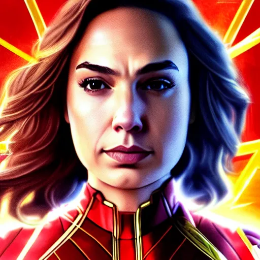 Image similar to a potrait of gal gadot as Captain Marvel by Zack Snyder, 8k photorealistic, cinematic lighting, HD, high details, dramatic, trending on artstation, view from above, dark atmosphere,