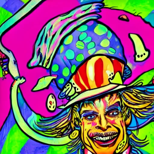 Image similar to A psychedelic vivid hallucination of the mad hatter eating himself while mushrooms dance around his head.