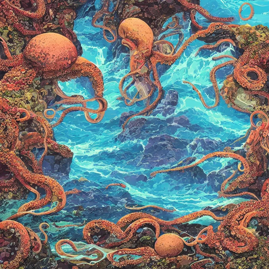 Image similar to album art, retrofuturism, of different coloured rocks, with big octopus creatures, rocky landscape, floating waterfalls, omni magazine, beautiful visuals