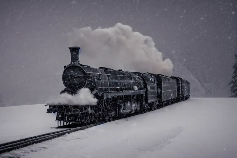 Prompt: an old locomotive rushing through snow storm in high speed, white steam on the side, dark smoke with fire! from the pipes, dynamic angled shot, speed lines, fire particles and snowflakes everywhere, 8 k, by edward hopper, 1 6 k, eerie moon eclipse cinematic scenery