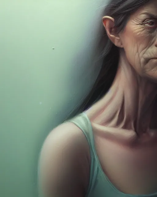 Image similar to highly detailed vfx portrait of, woman getting progressively older muscular by stephen bliss, chalk, unrealengine, greg rutkowski, loish, rhads, beeple, chalk, makoto shinkai and lois van baarle, ilya kuvshinov, rossdraws, tom bagshaw, basil gogos