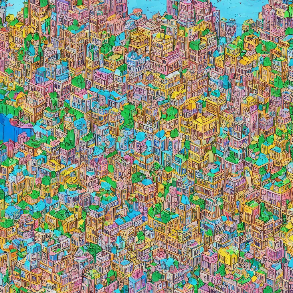 Image similar to A city made of bismuth with the structure of a wedding cake, lots of people do their work on the tiers, high definition, graphic novel art, by Richard Scarry and Genndy Tartakovsky