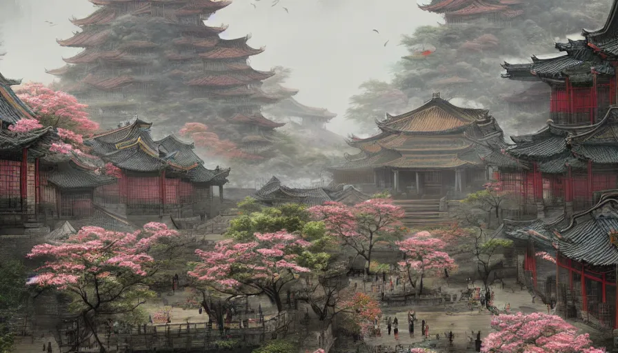 Prompt: magnificent city in ancient china in late spring, flowers will fade, some fog, realistic style, high details, scene concept., trending on artstation