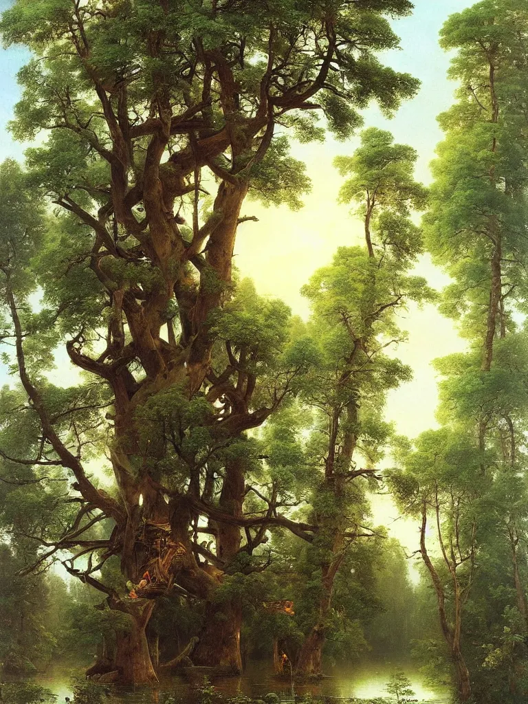 Image similar to Beautiful enormous treehouse by ivan shishkin and aivazovsky, oil on canvas, highly detailed, masterpiece