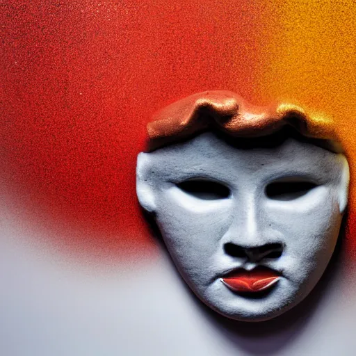 Prompt: ceramic face sculpture smashing against a wall, high speed photography, fast shutter, dramatic lighting, sharp focus, colorful