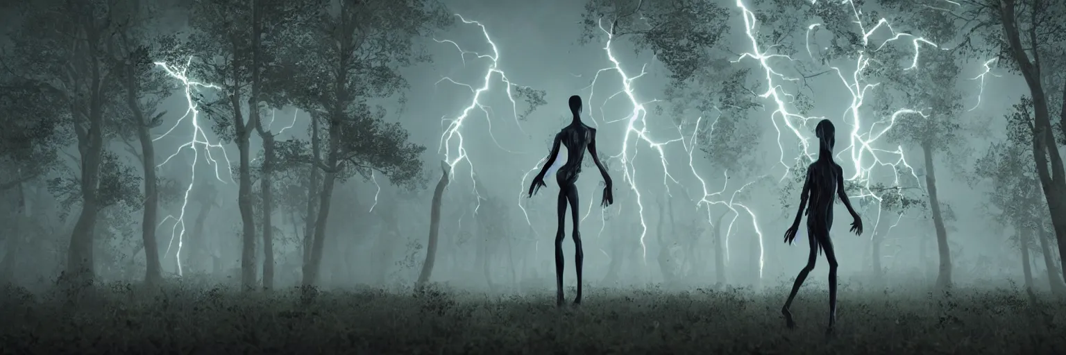 Image similar to super skinny scary creature coming out of the woods at night. intense lightning, scary details, super intense quality, high quality, HDR, 4K, 8K, 12K, octane render, cinema4d render, unreal engine 5 render, extremely high detail, photorealistic, hyperrealistic, cinematic lightning, cinematic, post processed, artstation