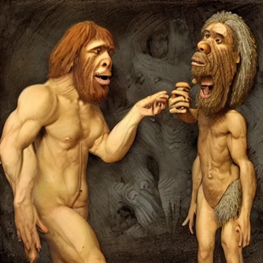 Image similar to one neanderthal saying bruh to another, holding a mushroom, both shocked