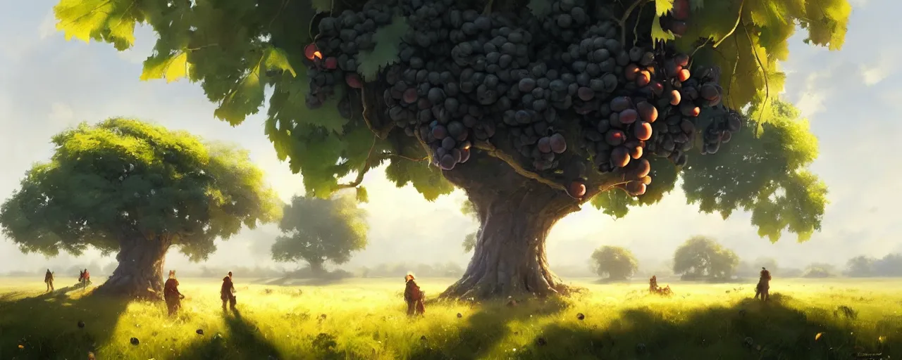 Prompt: big oak with grapes in the middle of a field, illustration, digital painting, concept art, trending on artstation, pixiv, art by ruan jia and makoto shinkai, shades of grey
