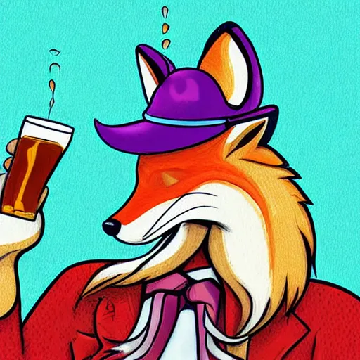 Image similar to a polygamous fox with a hat drinking beer and smoking e - cigarette, digital art, high details