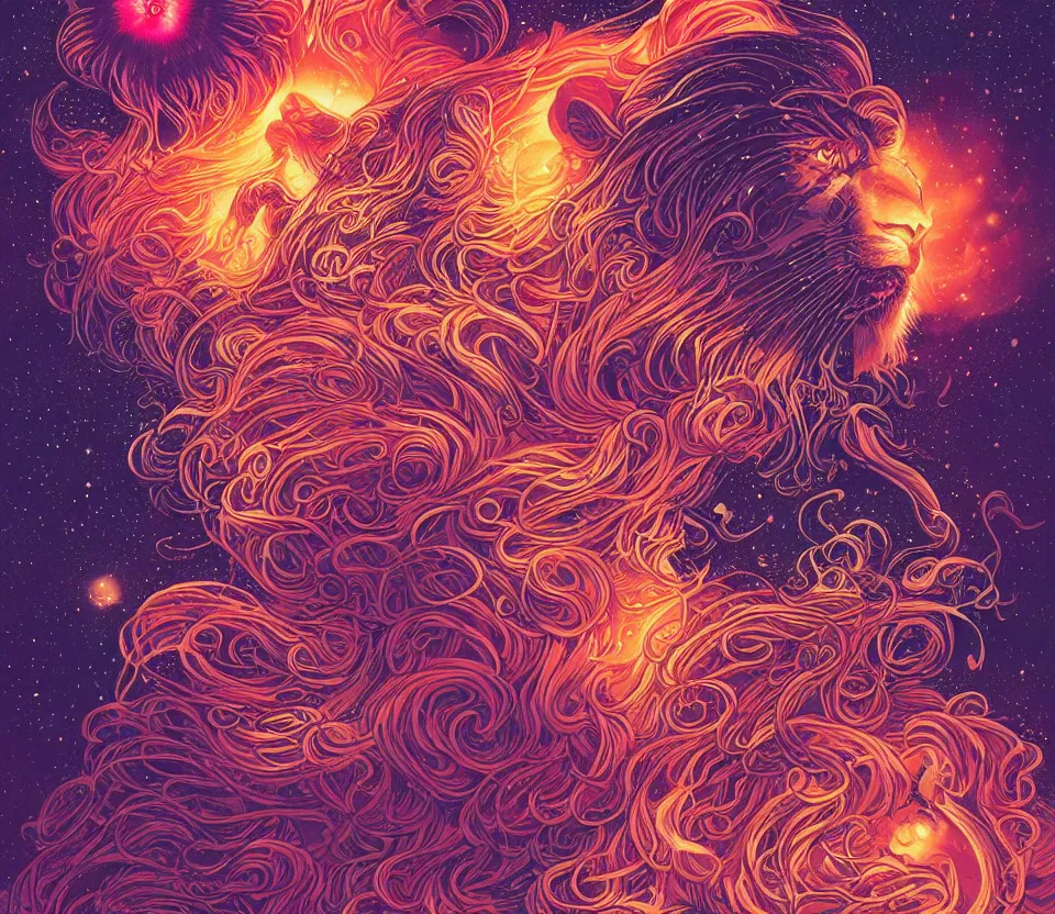 Prompt: gigantic retrowave lion's mane jellyfish flying among the galaxies and nebulae by Laurie Greasley and Peter Mohrbacher and Dan Mumford and Xsullo, tarot card art, hyperdetailed, dramatic lighting, atmospheric lighting, fractal patterns