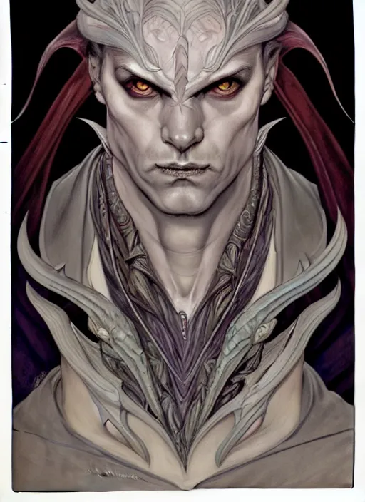 Prompt: an art nouveau, evil dragon man portrait in the style of charlie bowater, and in the style of donato giancola, and in the style of charles dulac. very large, clear, expressive, intelligent eyes. symmetrical, centered, ultrasharp focus, dramatic lighting, photorealistic digital painting, intricate ultra detailed background.