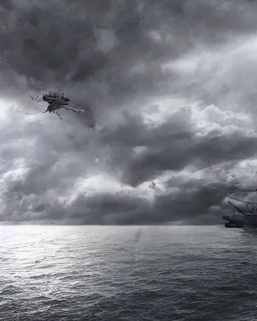 Image similar to establishing shot of a fishing boat on stormy seas, a gigantic star destroyer spaceship in the storm clouds flying overhead, star destroyer spaceship is emerging from storm clouds, stormy weather, dramatic lighting, unreal engine, hyper realism, realistic shading, cinematic composition, realistic render, octane render, detailed textures, photorealistic, ultrawide shot, 1 6 mm lens